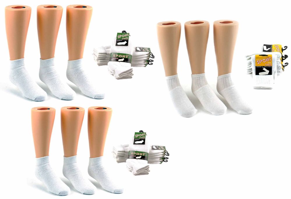 216 Wholesale Children's Athletic Ankle Socks Combo - White - Sizes 1-3, 4-6, & 6-8