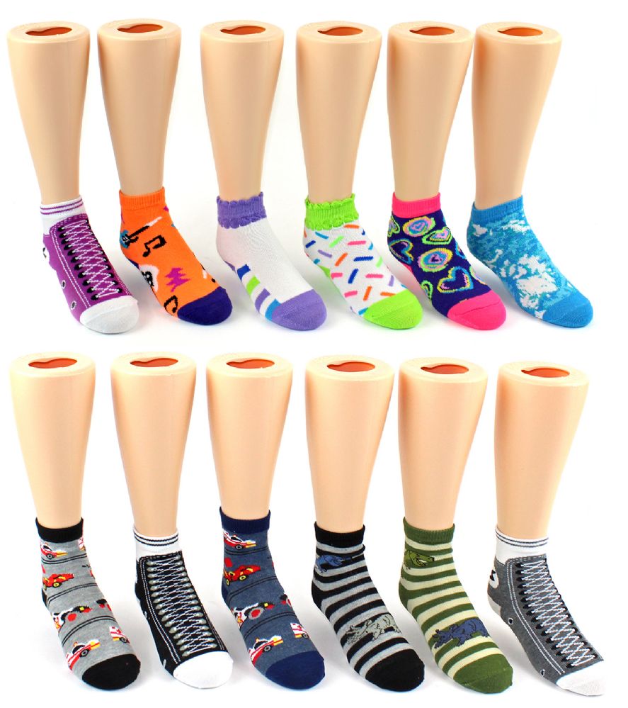 60 Wholesale Children's Novelty Ankle Crew - Assorted Styles & Sizes