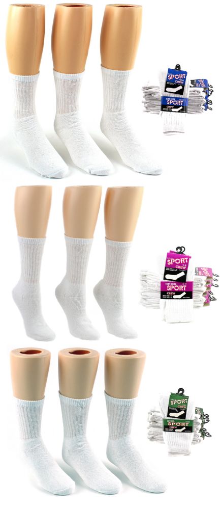 216 Wholesale Athletic Crew Socks Family Combo - White - Sizes 6-8, 9-11, & 10-13