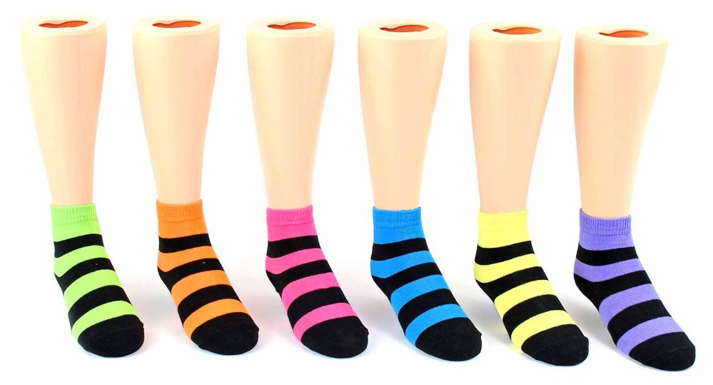 24 Wholesale Kid's Novelty Ankle Socks - Neon & Black Stripes - Size 6-8
