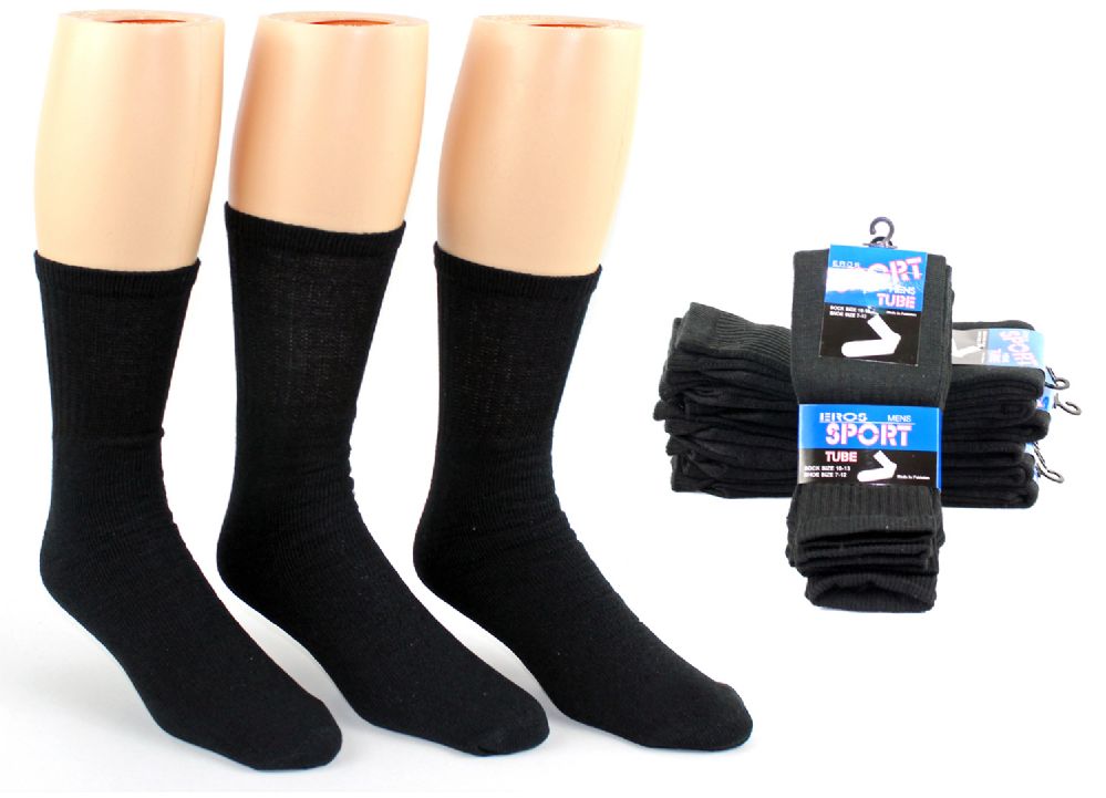24 Wholesale Men's Athletic Tube Socks - Black - Size 10-13
