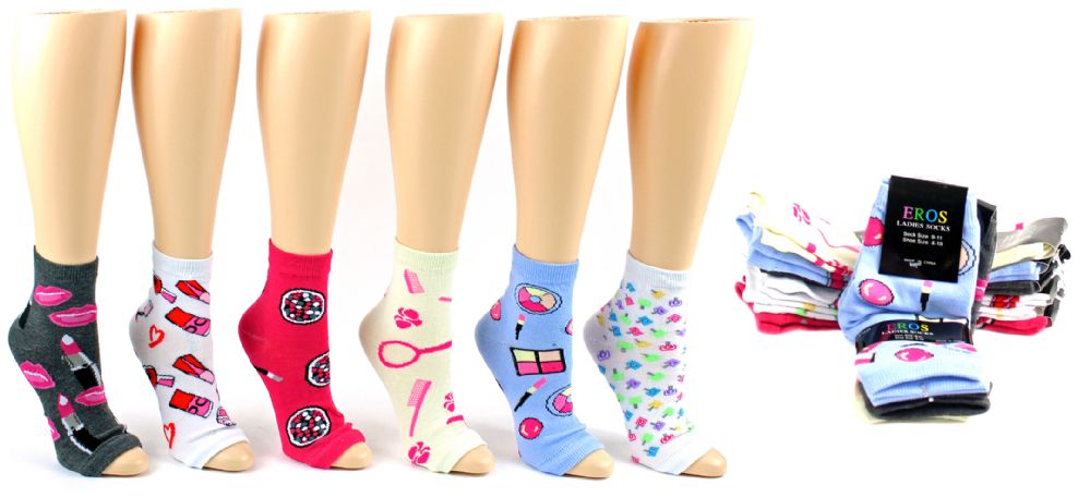 24 Wholesale Women's Pedicure Socks - Assorted Prints - Size 9-11