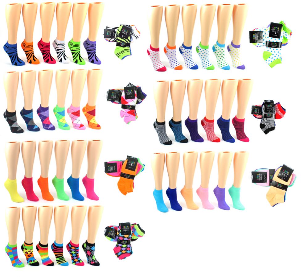 120 Wholesale Women's Low Cut Novelty Socks - Assorted Prints - Size 9-11