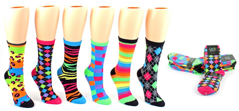 24 Wholesale Women's Novelty Crew Socks - Neon Prints - Size 9-11