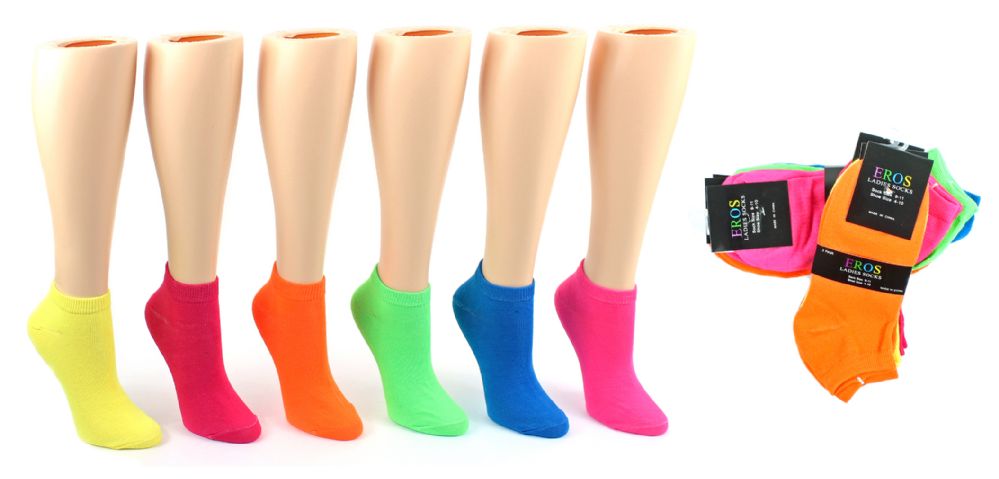 24 Wholesale Women's Low Cut Novelty Socks - Neon Solid Colors - Size 9-11