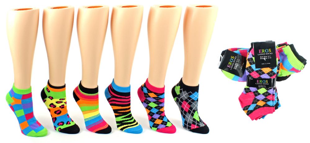 24 Wholesale Women's Low Cut Novelty Socks - Assorted Neon Prints - Size 9-11