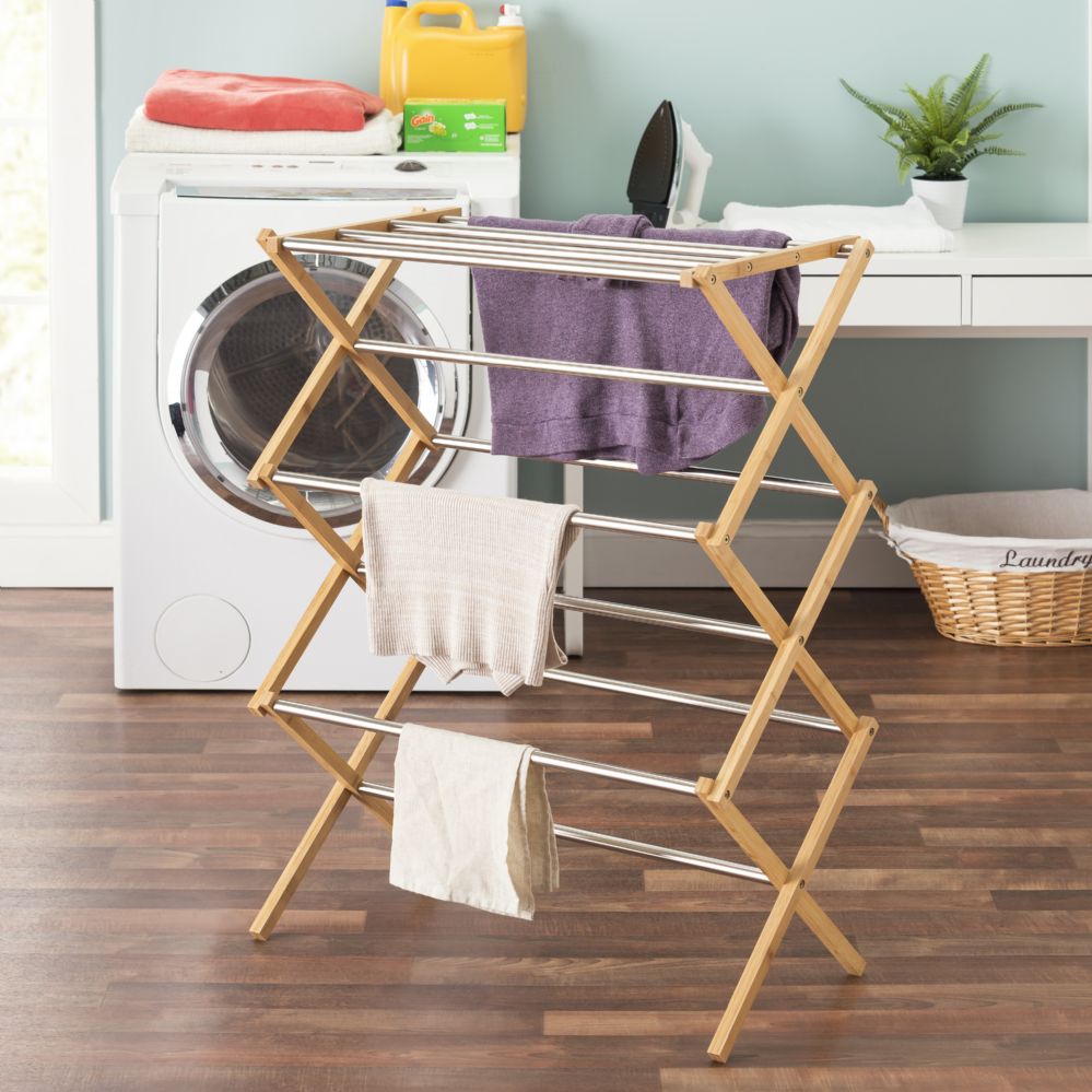 6 Pieces of Home Basics Bamboo And Stainless Steel  Foldable Drying Rack