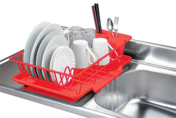 6 Pieces of Home Basics 3 Piece Vinyl Dish Drainer With SelF-Draining Drip Tray, Red