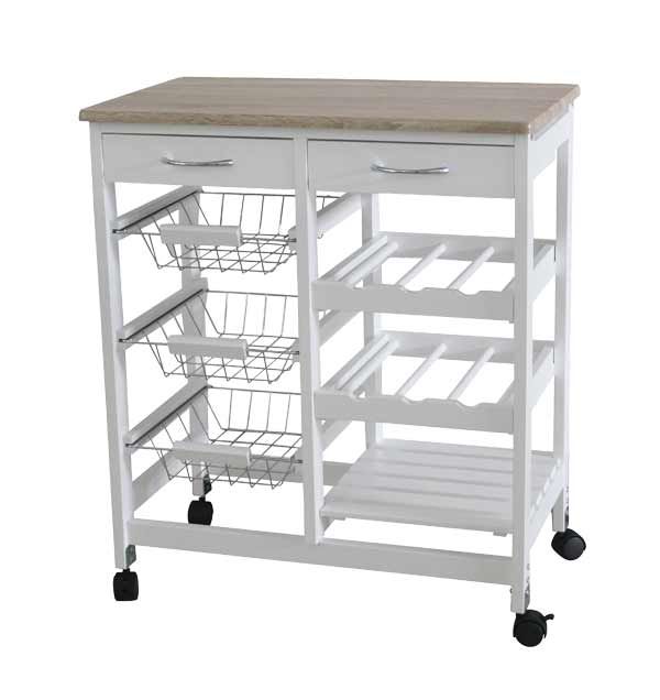 Home Basics Oak Top Rolling Kitchen Trolley With Two Drawers And Three Baskets, White