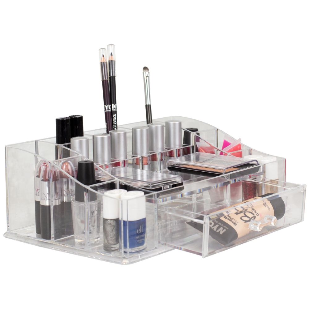 12 pieces of Home Basics Deluxe Large ShatteR-Resistant Plastic MulT-Compartment Cosmetic Organizer With Easy Open Drawer, Clear