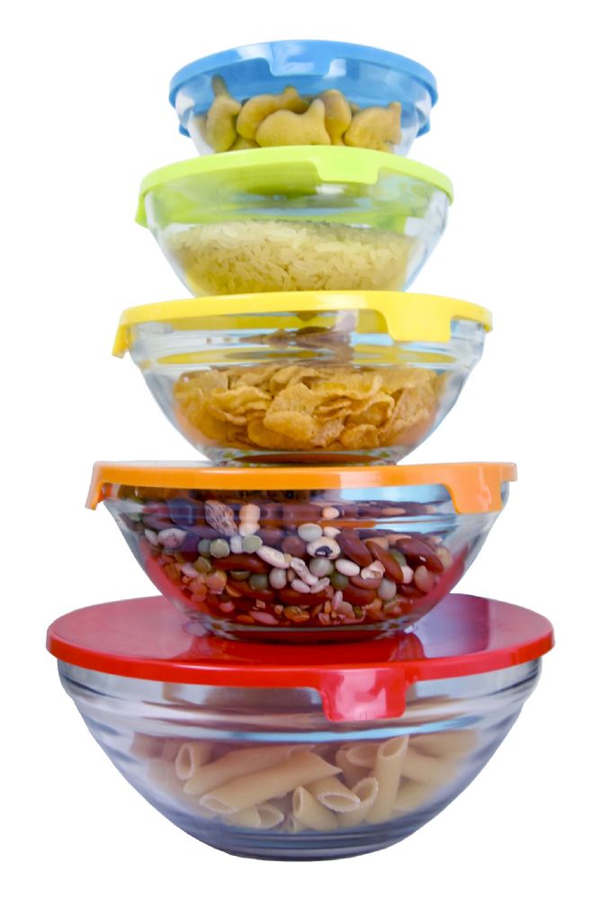 SC10851 Home Basics NEW 5 PC Clear Glass Bowl Set With Plastic Lids 5 Piece 