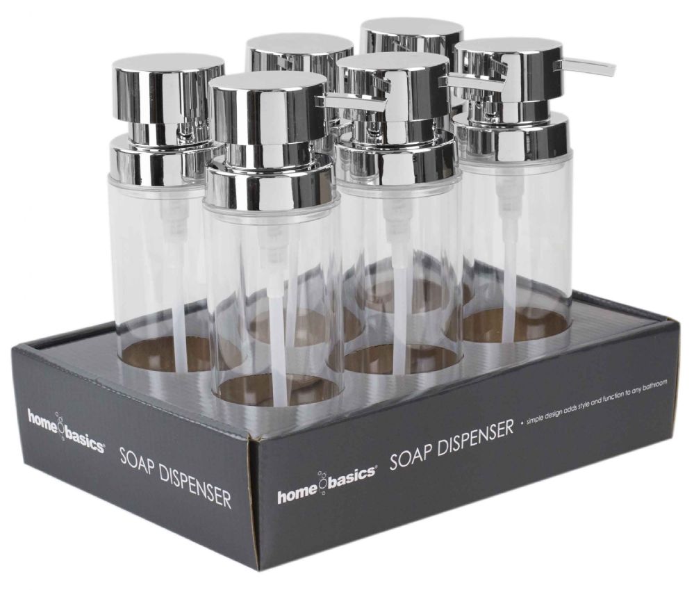 24 Pieces of Home Basics 12 Oz.  Cylinder Plastic Hand Soap Dispenser With Brushed Stainless Steel Pump, Clear