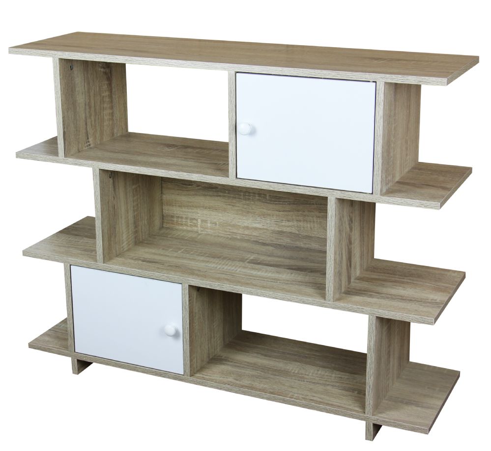 Home Basics 3 Tier Wood Display Book Shelf Organizer Unit with 2 Cabinet Doors, Oak