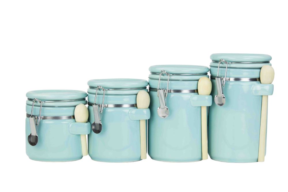 2 Wholesale Home Basics 4 Piece Ceramic Canister Set With Wooden Spoons, Turquoise