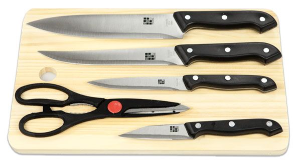 12 Wholesale Home Basics Essentials Series 5 Piece Stainless Steel Knife Set with All Natural Wood Cutting Board