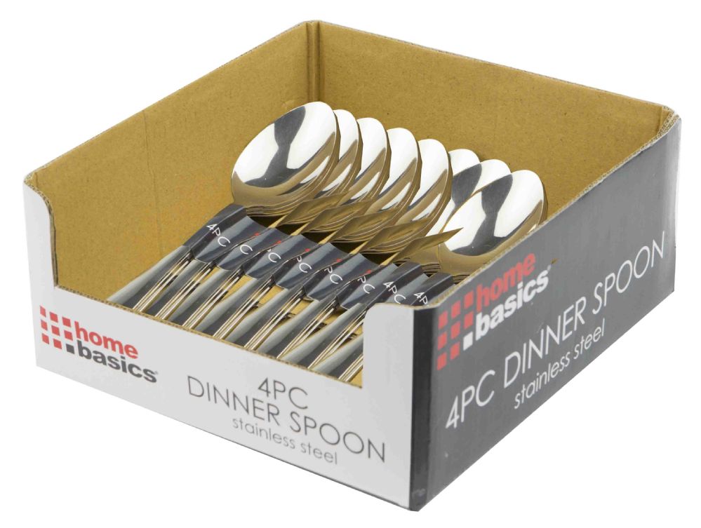 24 Wholesale Home Basics 4 Piece Stainless Steel Dinner Spoons, Silver