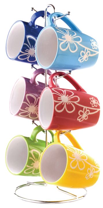 6 Wholesale Home Basics 6 Piece Daisy Mug Set with Stand, Multi-Color