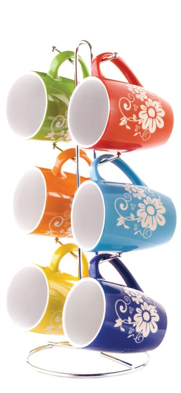 6 Wholesale Home Basics 6 Piece Floral Mug Set With Stand, Multi-Color