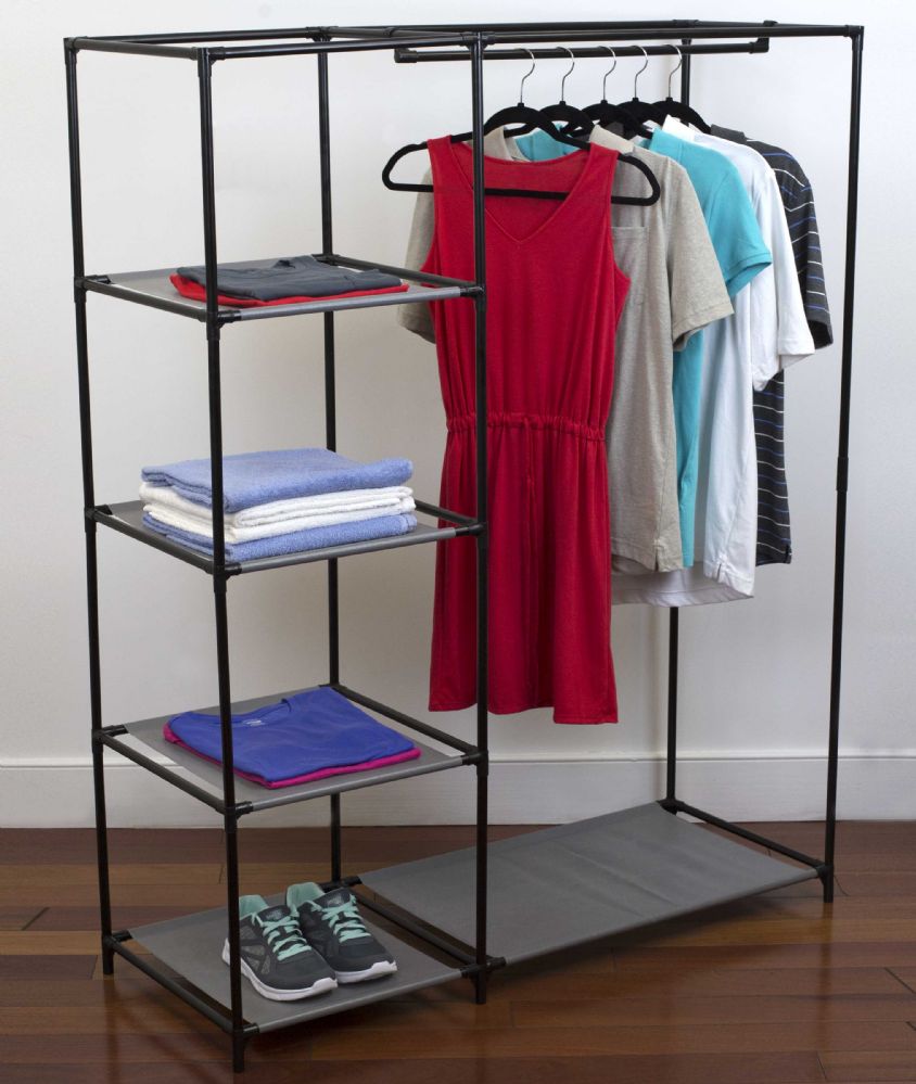 6 Wholesale Home Basics FreE-Standing Powder Coated Steel Closet With 4 NoN-Slip Fabric Shelves, Black