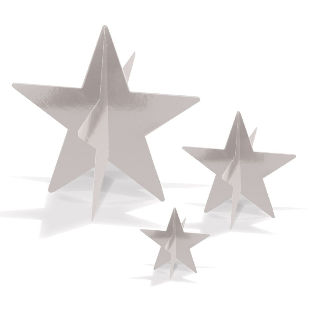 12 Wholesale 3-D Foil Star Centerpieces Silver; Assembly Required; 1-3 , 1-5.5 , 1-8