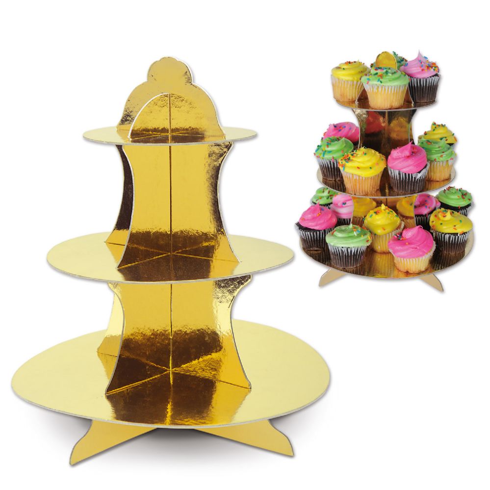 12 Wholesale Metallic Cupcake Stand Gold; Foil 2 Sides; Assembly Required