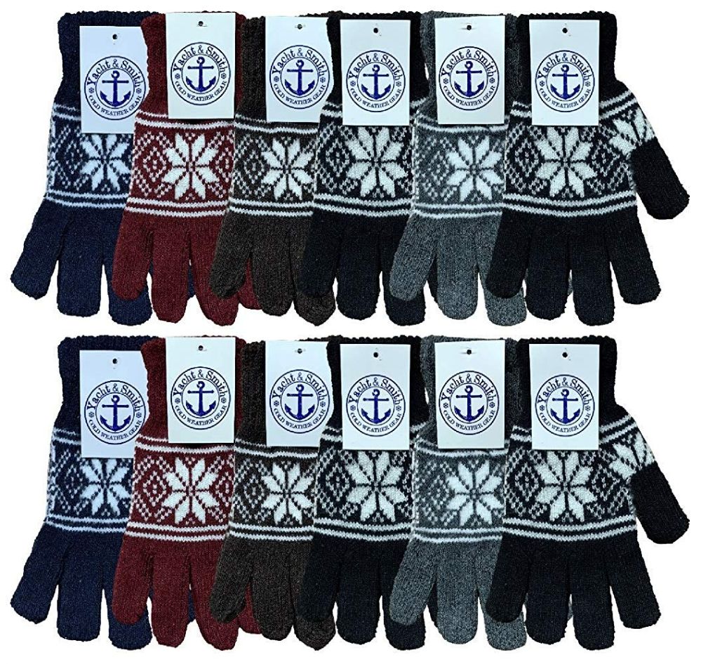 12 Wholesale Wholesale Bulk Winter Magic Gloves Warm Brushed Interior, Stretchy Assorted Mens Womens (mens/snowflakes, 12)
