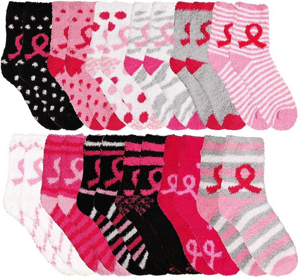 48 Wholesale Yacht & Smith Women's Assorted Colored Warm & Cozy Fuzzy Breast Cancer Awareness Socks