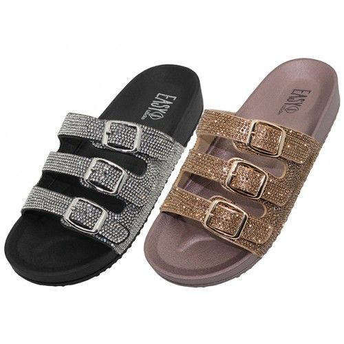 18 Wholesale Women's Rhinestone With 3 Strap Buckle Upper Sandals Size 6-11