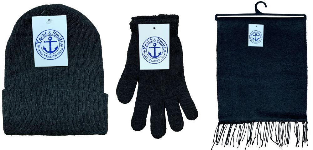 72 Wholesale Yacht & Smith 3 Piece Winter Care Set, Solid Black Hat Glove Scarf Bulk Buy