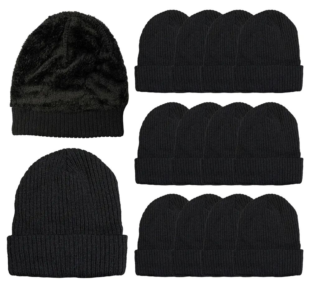 96 Pieces of Yacht & Smith Adults Sherpa Lined Winter Beanies In Black