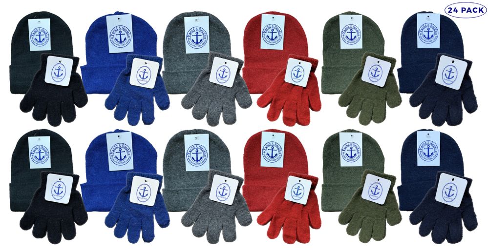 12 Sets of Yacht & Smith Kid's Assorted Colored Winter Beanies & Gloves Set