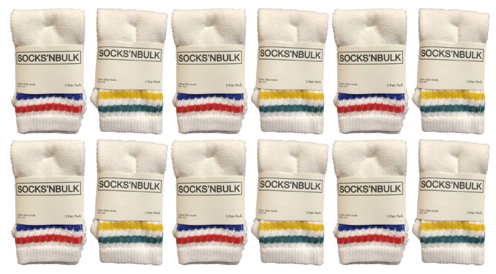 24 Pairs of Yacht & Smith Kids Cotton Tube Socks White With Stripes Size 4-6 Bulk Pack