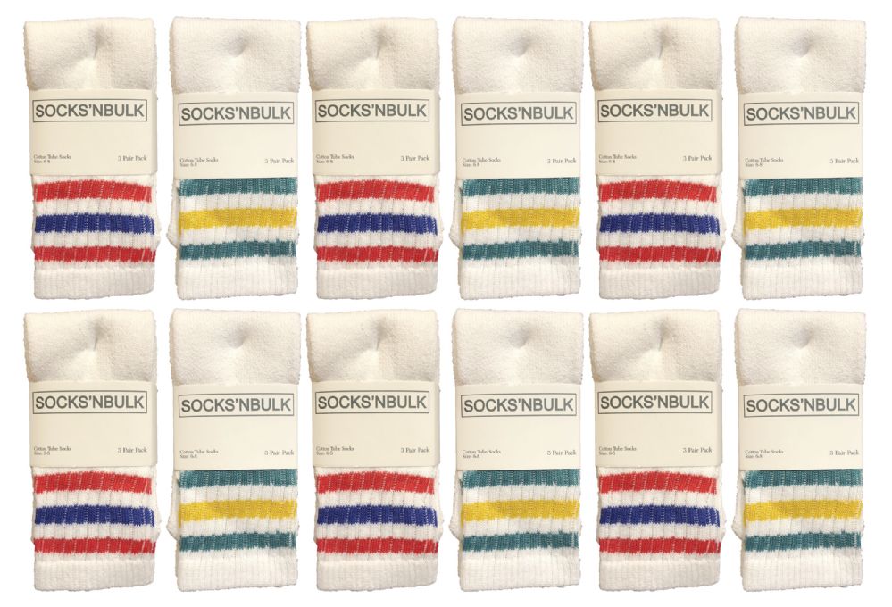12 Pairs of Yacht & Smith Kid's Cotton Terry Cushioned White With Stripes Crew Socks