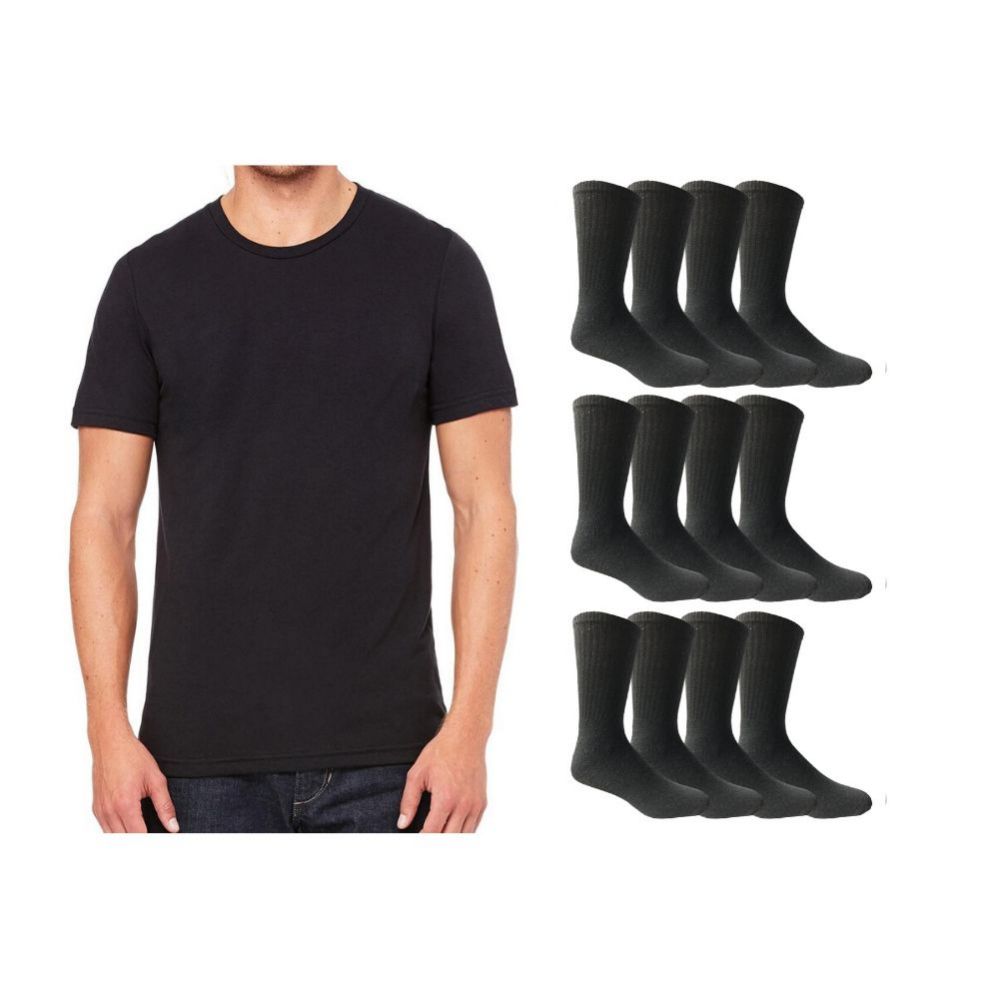 120 Wholesale Yacht & Smith Men's Cotton Crew Socks Size 10-13 And Black Solid T-Shirt Size Medium