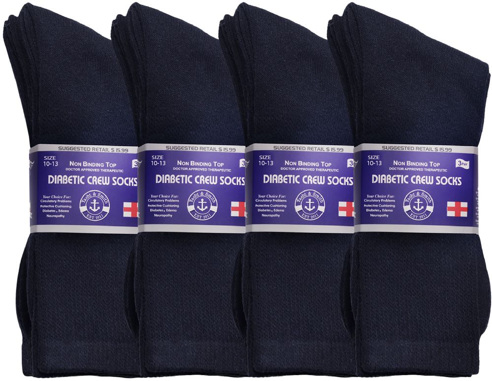 12 Wholesale Yacht & Smith Men's Loose Fit NoN-Binding Soft Cotton Diabetic Crew Socks Size 10-13 Navy