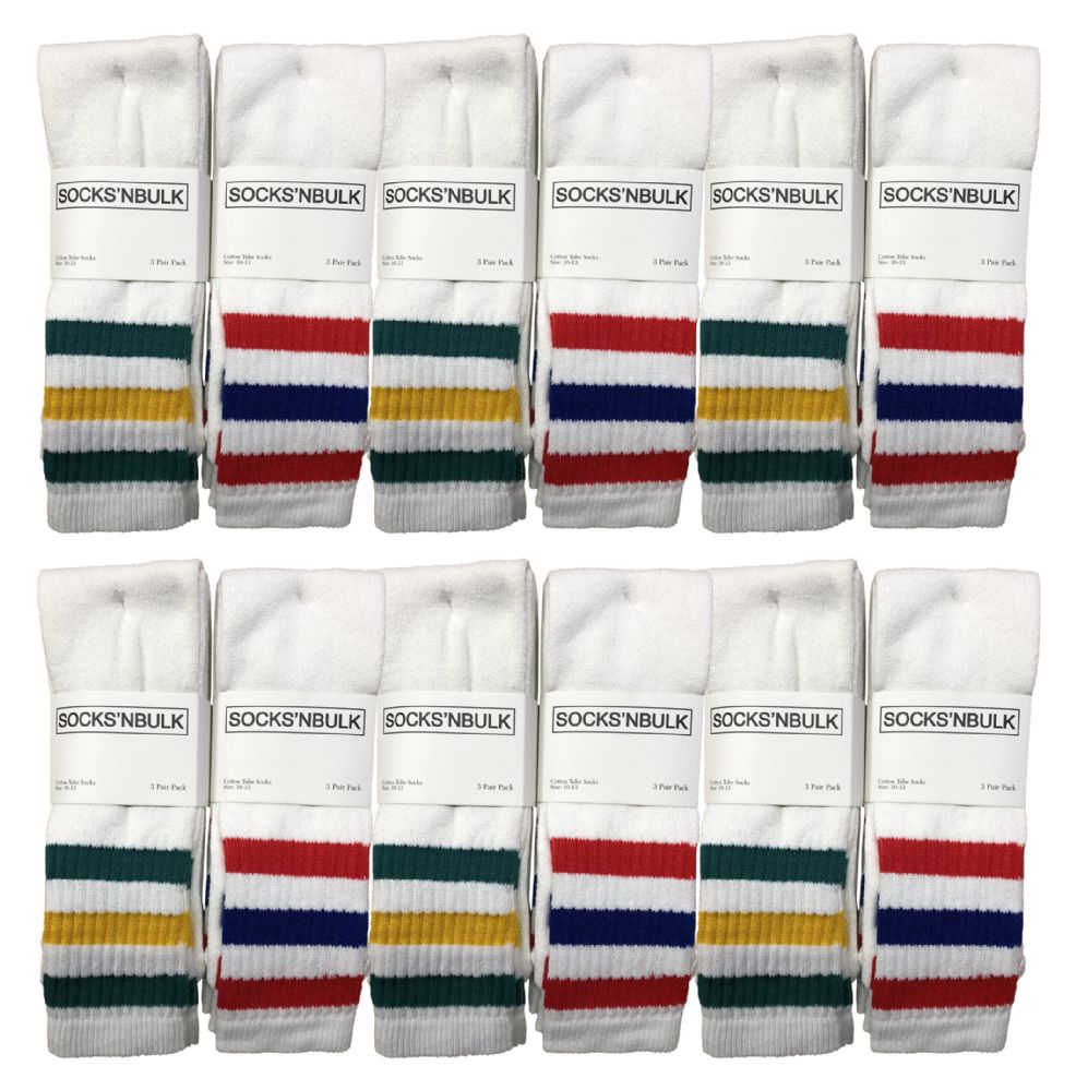 36 Wholesale Yacht & Smith Men's Cotton Terry Tube Socks, 30 Inch Referee Style, Size 10-13 White With Stripes