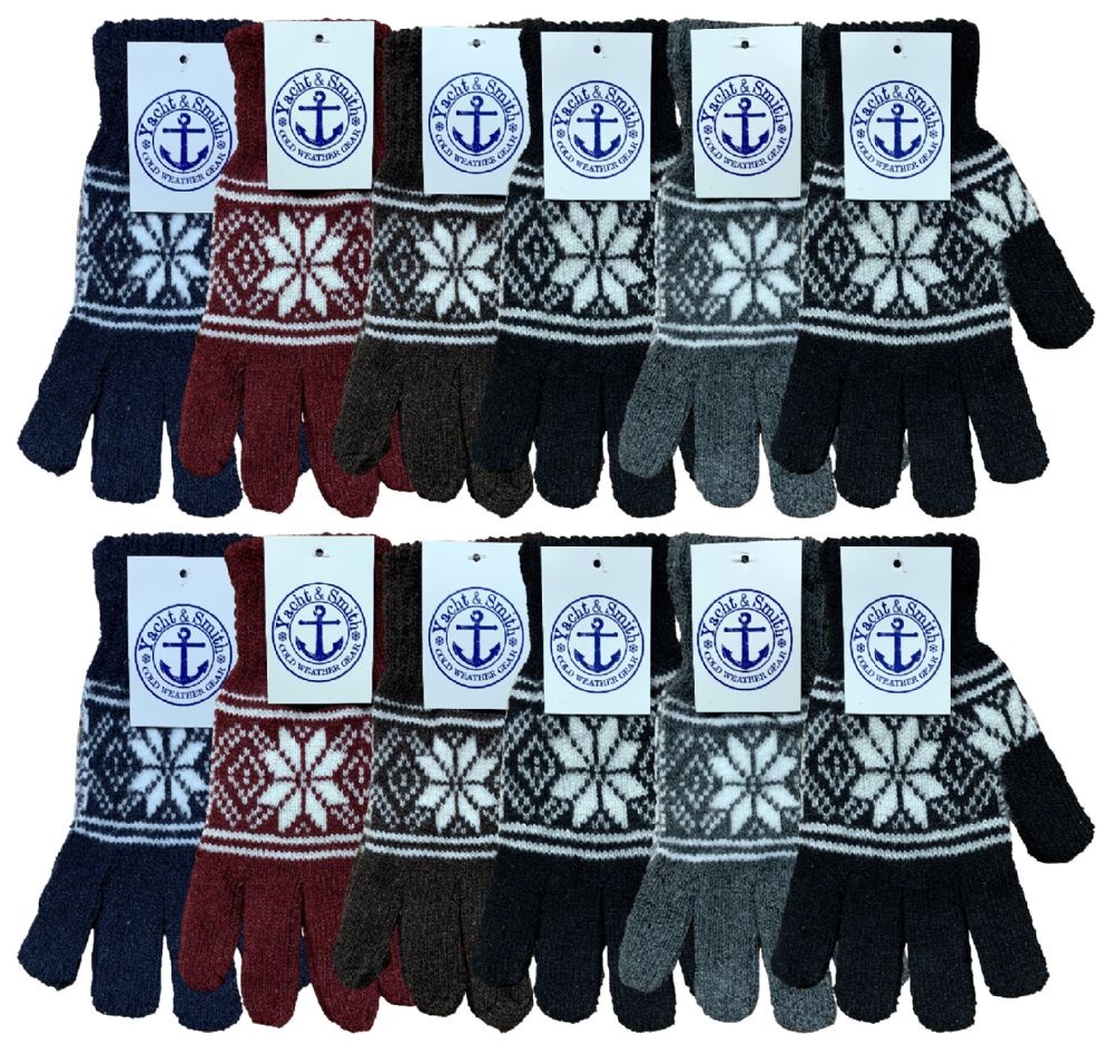 240 Wholesale Yacht & Smith Snowflake Print Mens Winter Gloves With Stretch Cuff 240 Pairs Bulk Buy