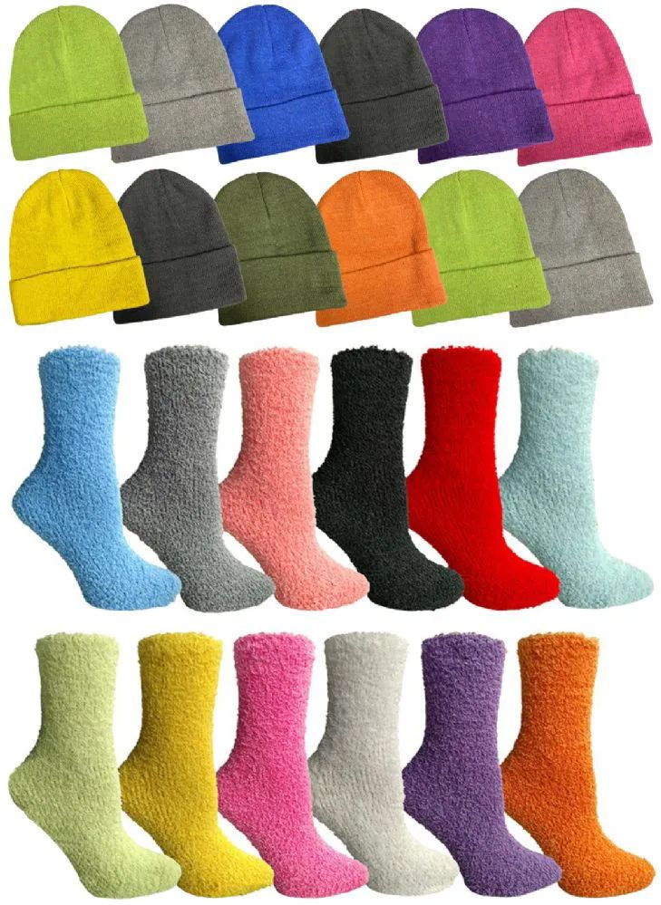 288 Pieces of Yacht & Smith Wholesale Colorful Fuzzy Socks And Winter Beanies Bundle Set For Women