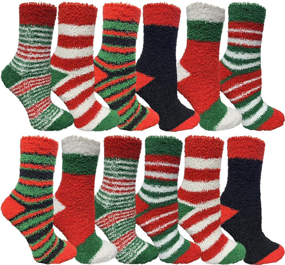 48 Wholesale Christmas Fuzzy Socks, Fun Colorful Festive, Holiday Theme Socks Womens Size 9-11
