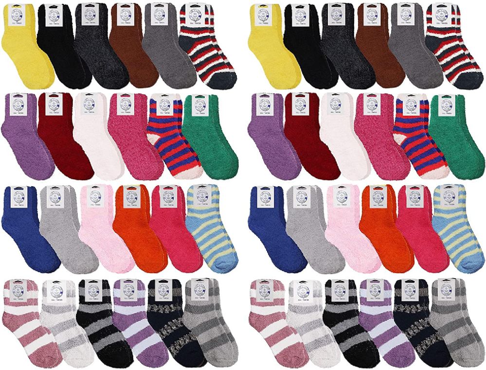 24 Wholesale Yacht & Smith Women's Striped Assorted Colors Warm & Cozy Fuzzy Sock