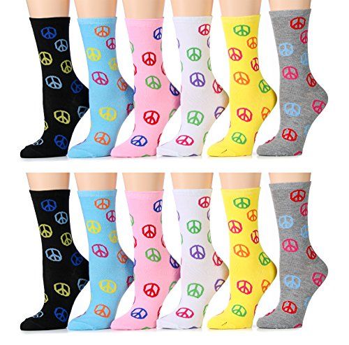 240 of Yacht & Smith Women's Thin Cotton Assorted Colors Peace Printed Crew Socks