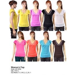 144 Pieces Womans Short Sleeve V Neck - Womens Fashion Tops
