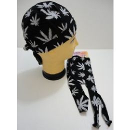 144 Pieces Skull CaP-Black With White Marijuana Leaves - Bandanas