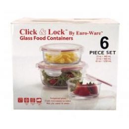 4 Units of 6-Pc Round Glass Plus Food Containers W/ Plastic Click & Lock Lids - Glassware