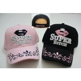 36 Wholesale Super Bitch Hat Floral Design On Bill
