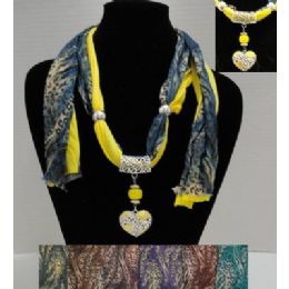 72 Units of 62" Leopard Print Scarf Necklace W/ Rhinestone Heart - Womens Fashion Scarves