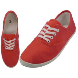 24 Wholesale Women's Lace Up Casual Canvas Shoes ( *red Coral Color )