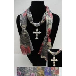 72 Units of Printed Scarf NecklacE-Cross Charm - Womens Fashion Scarves