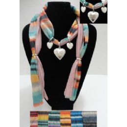 36 Units of Printed Scarf NecklacE-Triple Heart Charms - Womens Fashion Scarves