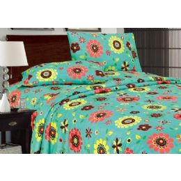 12 Wholesale Printed Microfiber Sheet Set Full Size In Turquoise Flowers